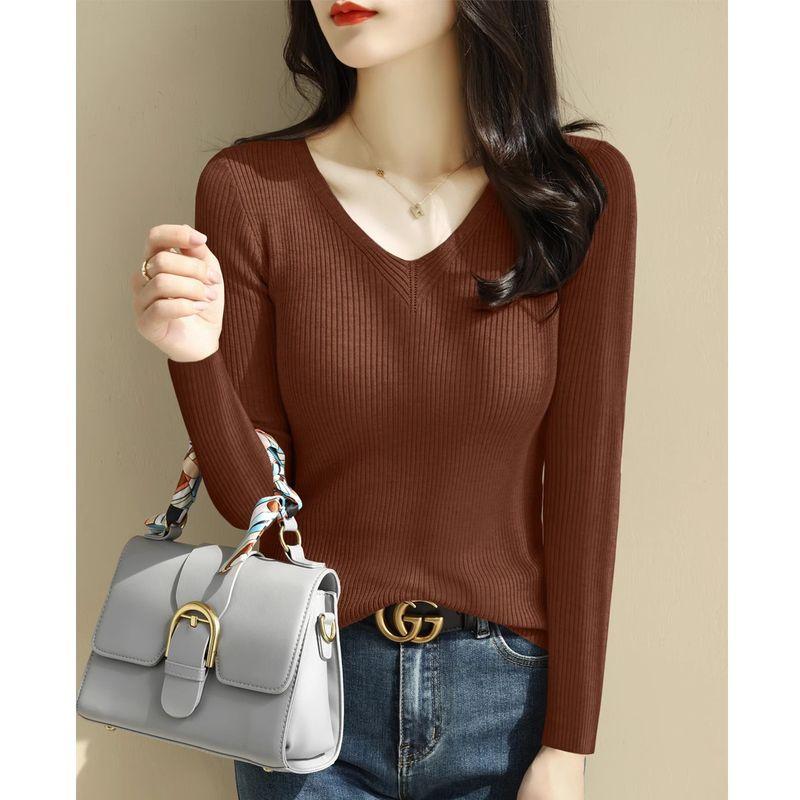 

Gray V-neck Knitting Classy Idle Style Bottoming Shirt