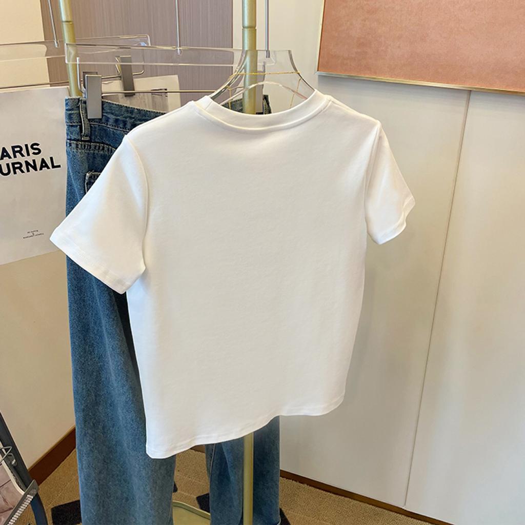 American retro white short-sleeved t-shirt women's summer half-sleeved versatile and thin loose shoulder cotton casual top ins