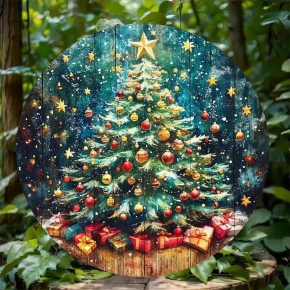 Christmas Metal Sign 7.8 Inch Round Tree Gifts Decor Wall Art