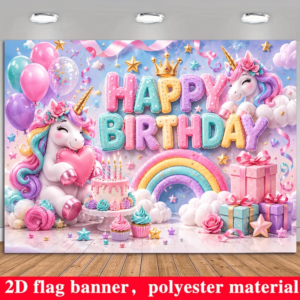 Unicorn Happy Birthday Banner Backdrop Balloons Rainbow Cake Gift Boxes