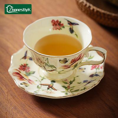 European Style Flower Bird Ceramic Mugs Light Luxury Coffee Cups Vintage Gold Edged Milk Cup Breakfast Mug Kitchen Drinkware