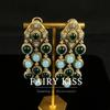 Retro Old Long Swept Shoulder Diamond Stone Fringed Western Antique Style Emerald Earrings