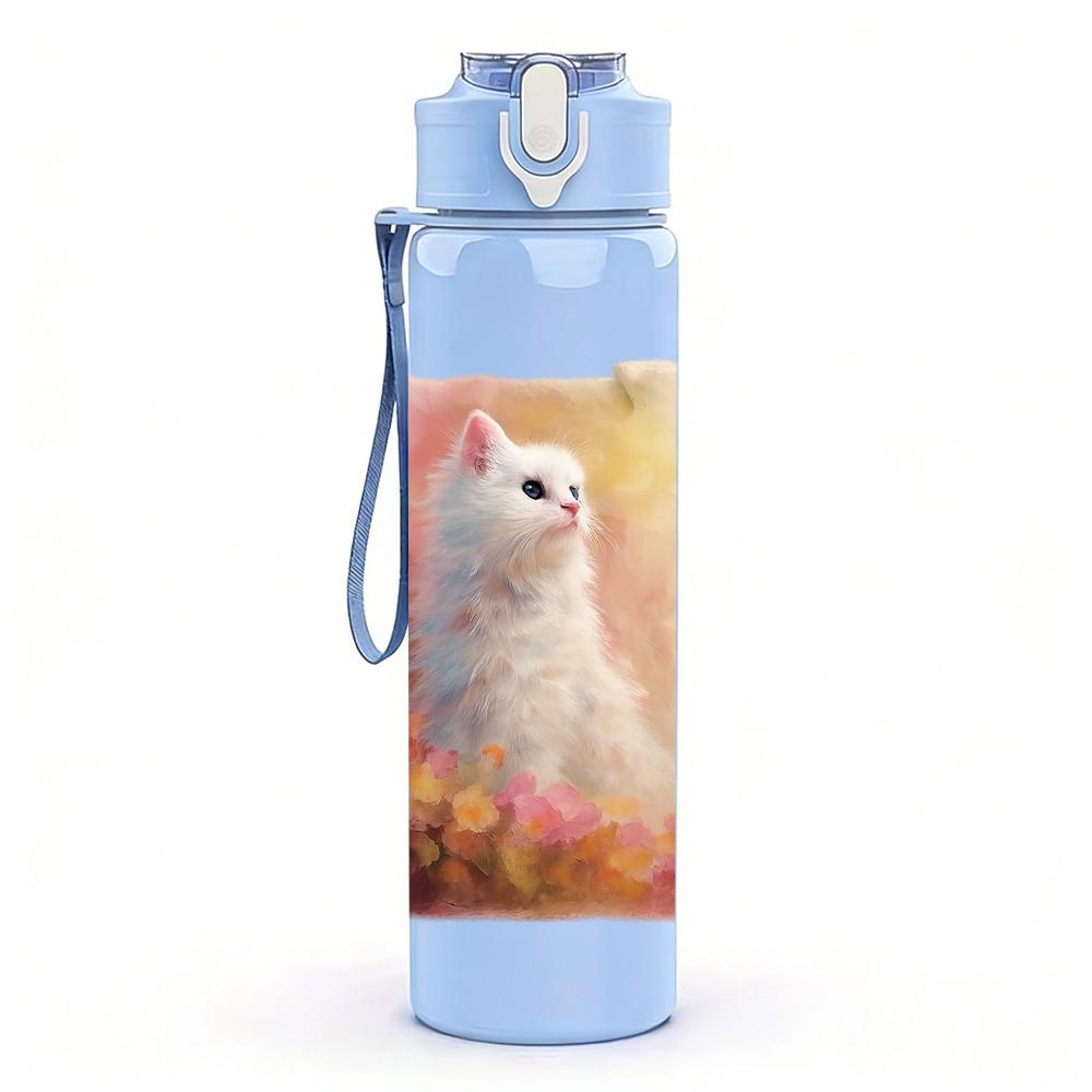 1PC White Cat Floral Soft Art 750ml Color Plastic Sports Water Bottle Leakproof Flip Straw Lid Suitable for Sports Office Home Use