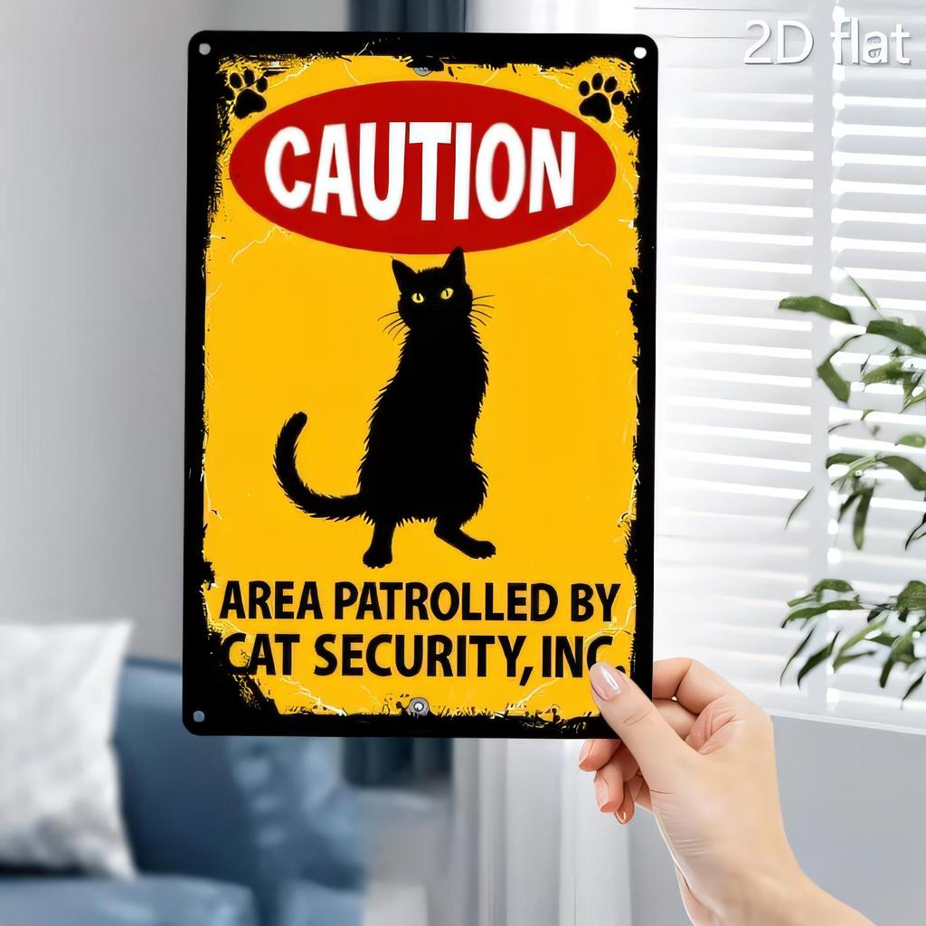 Tin Sign CAUTION Area Patrolled By Cat Security Inc Funny Black Cat Poster Vintage Metal Plaque Wall Decor for Home Garage Bar O