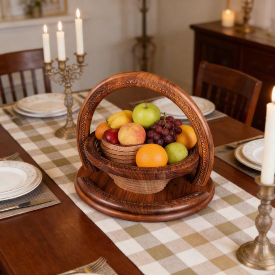 Wood Fruit Basket with Heart-Shaped Partition Hand-Carved Decorative Serving Tray for Fruits Nuts Snacks Multifunctional Home Decor