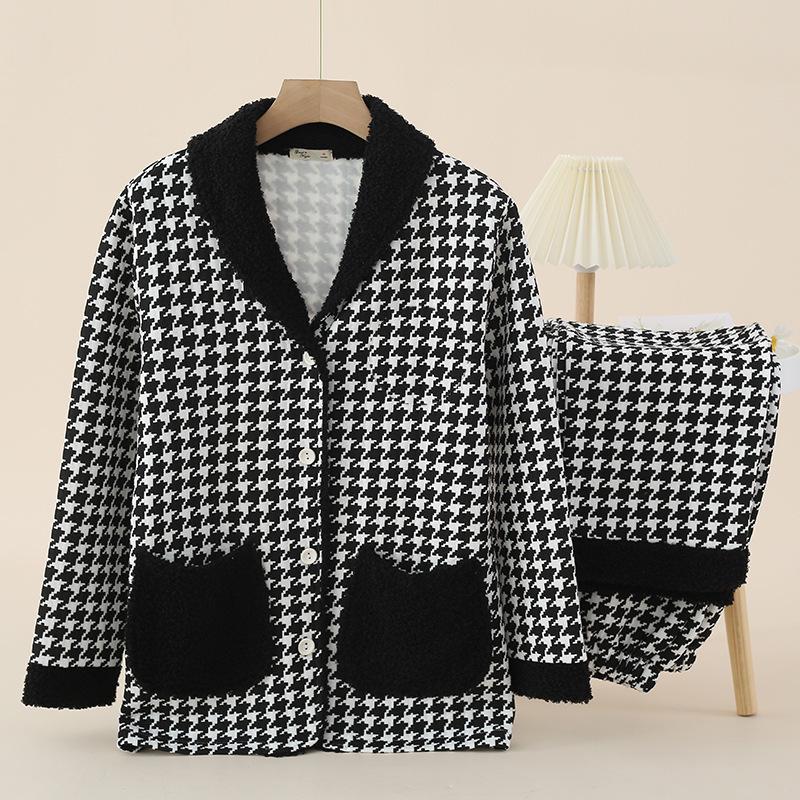 

Женская стеганая пижама из воздушного хлопка: Теплый, с длинным рукавом, трехслойный комплект для осени и зимы Medium