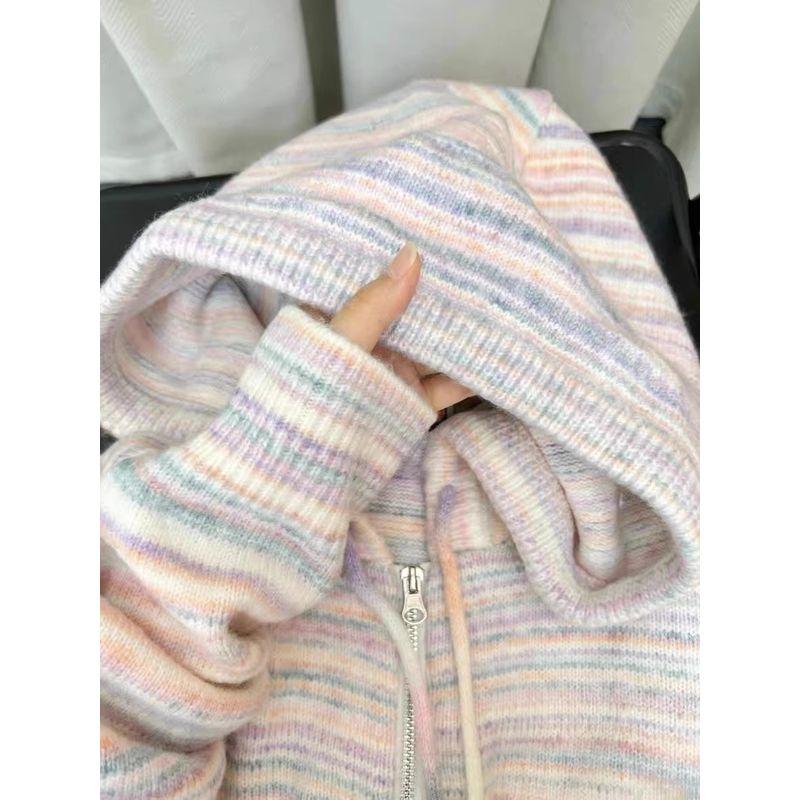 

Rainbow Stripes 2024 New Best Selling Hooded Knit Cardigan Pink L