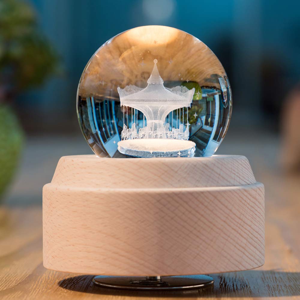 Mozalida Music Box Perfect As a Birthday Christmas Snow Globe Day Moon or for with Ambient Bedside LED USB and Projection Handmade Wooden Interior