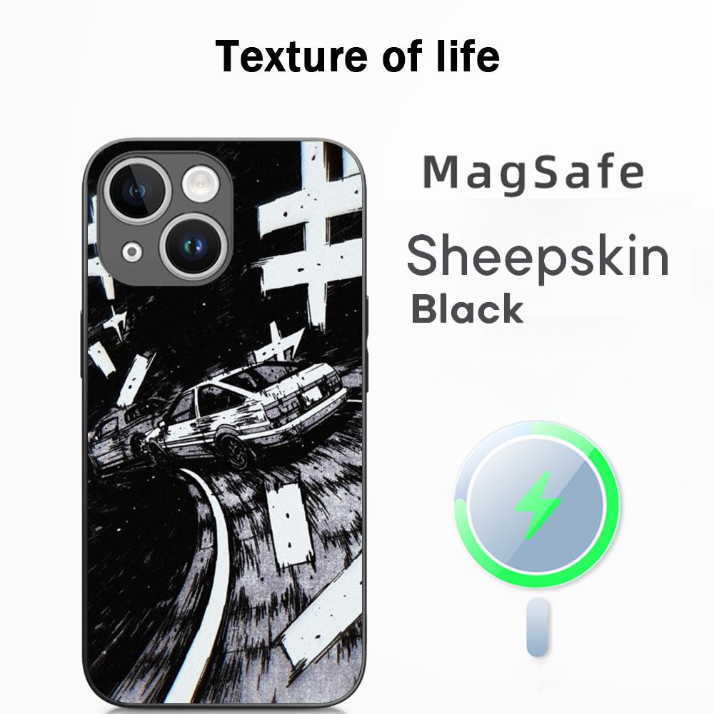 Initial D Super cool racing pattern Phone Case For iPhone 16 15 14 13 12 11 Plus Pro Max High-end Luxury Magsafe Sheepskin