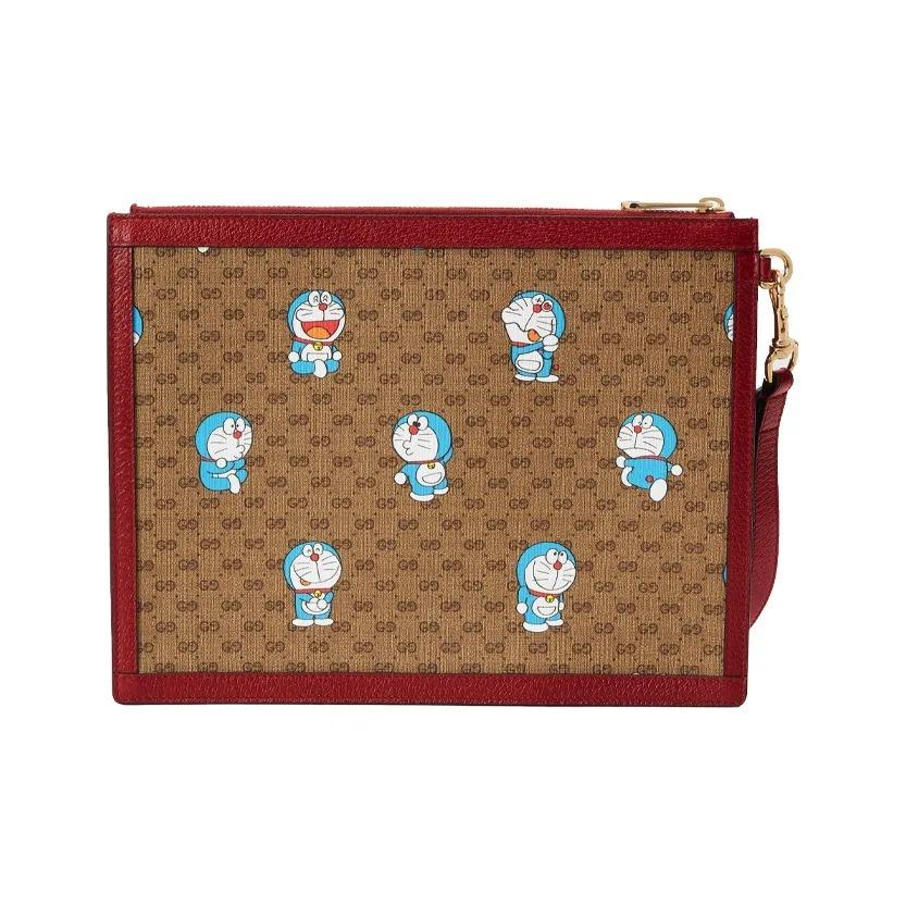 Gucci X Doraemon Collaboration Monogram Logo Canvas & Leather Clutch Unisex Style Ebony/Red
