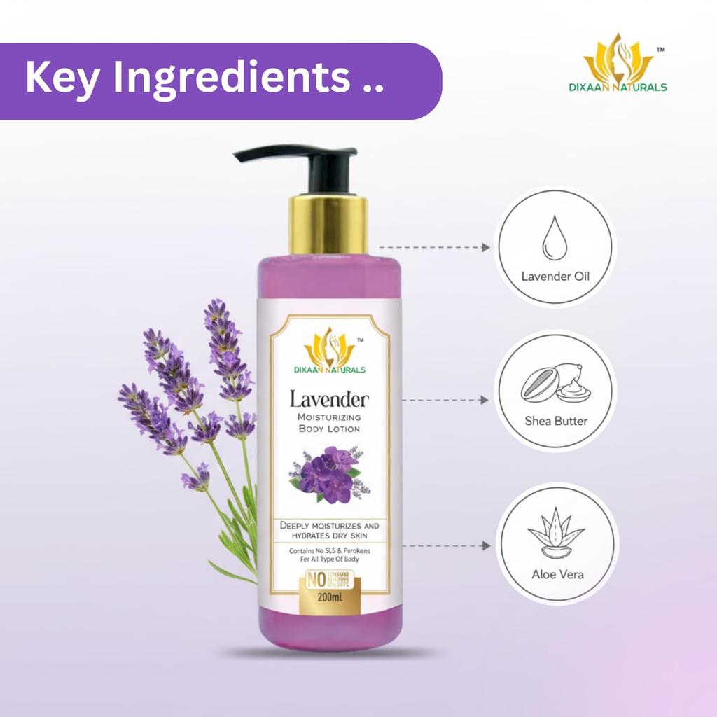 DIXAAN NATURALS Lavender Body Lotion – 200ml | Deeply Moisturizes & Hydrates Skin, Soothing & Calming Formula for Soft, Smooth, & Healthy Skin –