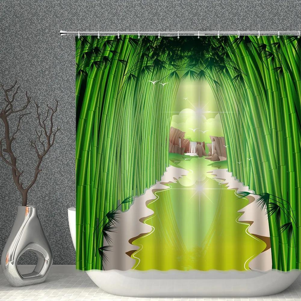 Bamboo Printing Shower Curtain High Quality Waterproof Polyester Fabric Bath Curtains With Hooks Bathroom Screen Home Decor