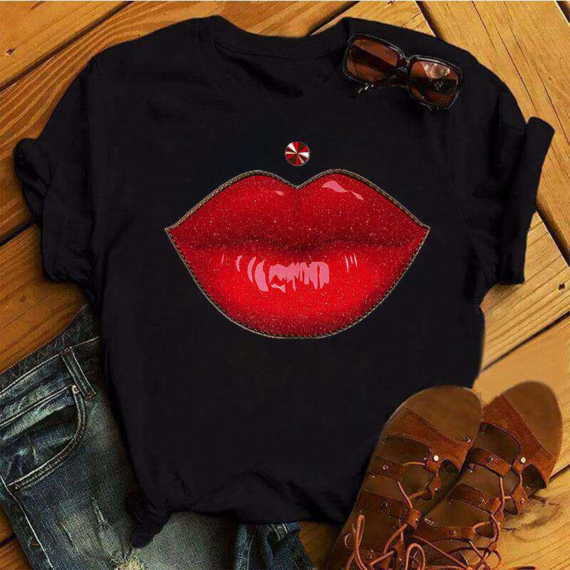 Lippen Reine Baumwolle Bedruckt Unisex und Damen Modetrend T-Shirt Sommer Neu Personalisiert Rundhals Locker Lässig T-Shirt
