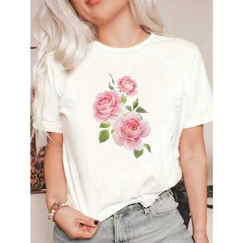 Oversized T-Shirt Black Rose Floral Print Casual Wear