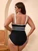 2026 Stylish European & American Plus Size Black & White Stripe Patchwork Slimming Swimsuit