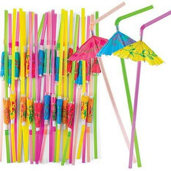 Hawaiian Party Decoration Set: 3D Honeycomb Fruit Straws, Umbrella Picks, and Flamingo Picks