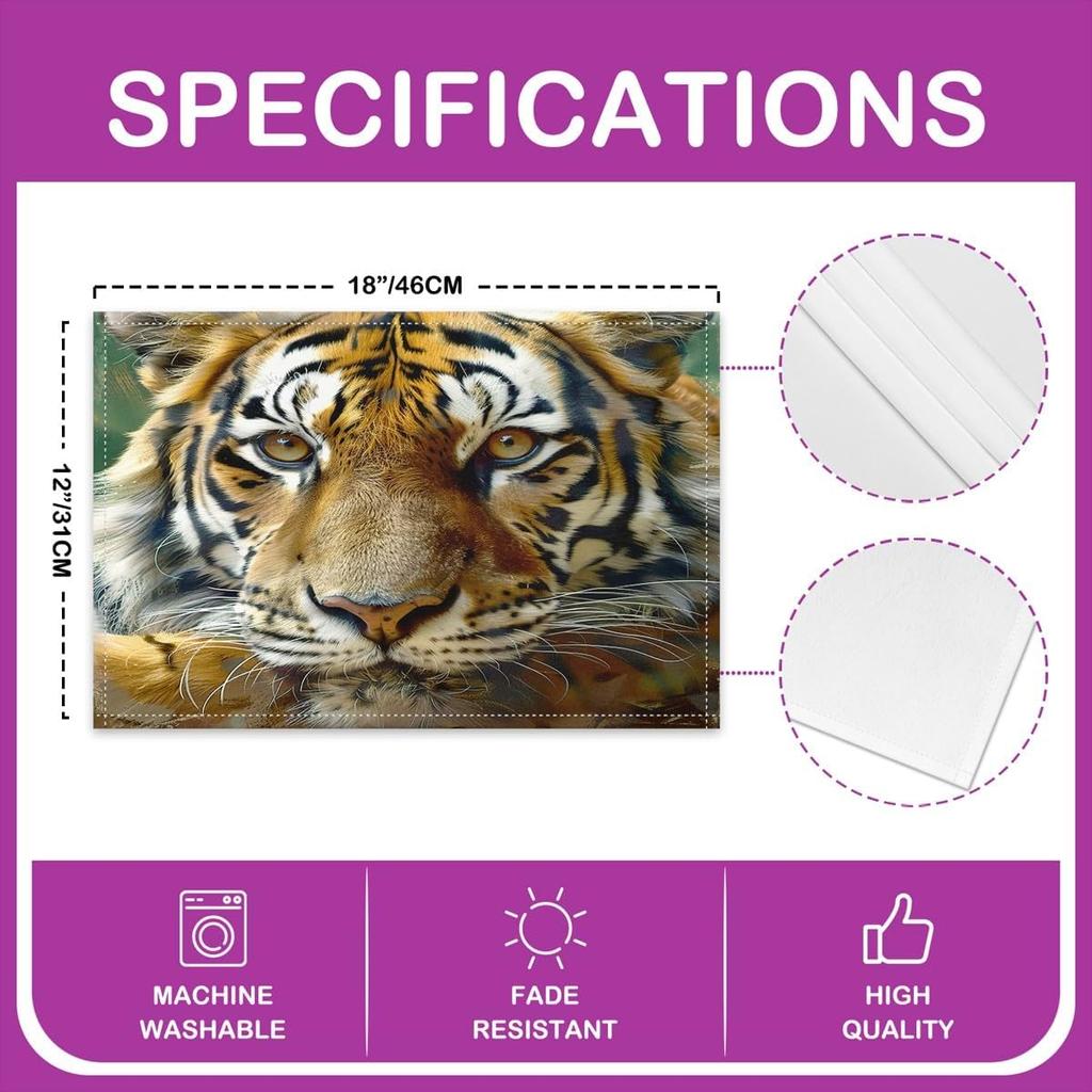 Tiger Placemats Set of 4 Wild Animal Decor Table Mats for Dining Table Seasonal Holiday Tiger Place Mats 12 X 18 Inch