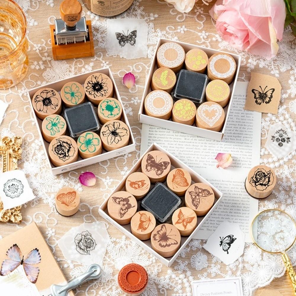 Creative Flower Themed Wooden Stamp Set DIY Craft 3 Options Wood Rubber Stamp Handmade Style Petal Lace Stamp Diary Decoration