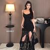 French Ruffle Lace V-neck Suspender Dress Women's Spring New Irregular Waist and Thin A-word Long Skirt