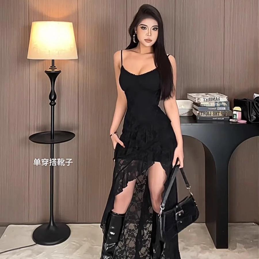 French Ruffle Lace V-neck Suspender Dress Women's Spring New Irregular Waist and Thin A-word Long Skirt