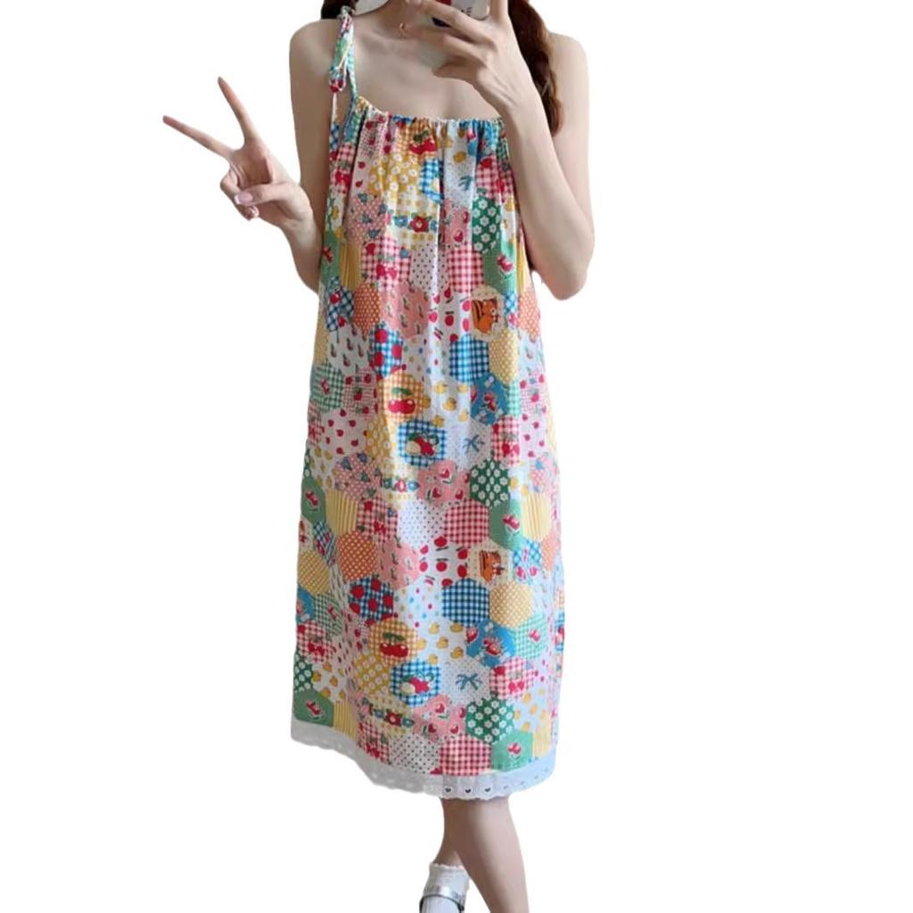 Summer Lace Lace Sweet Age-reducing Printing Suspender Dress Women's New Splicing Loose Medium and Long Dress