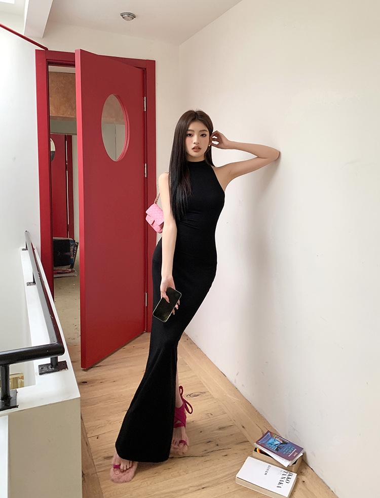2026 Spring/Summer High-Neck Sleeveless Slim Fit Elegant Back Slit Maxi Dress for Women