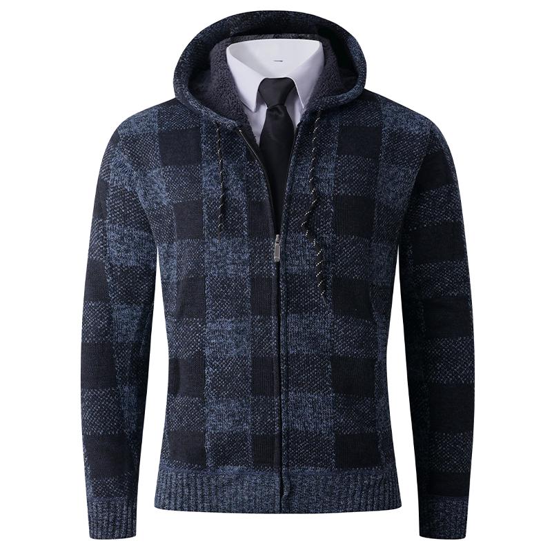 Hooded Men's Zipper Loose Plaid Jacket Long Sleeve Contrast Cardigan Top