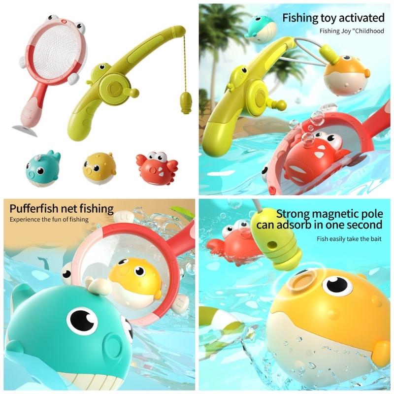 Interactive Light Up Bath Time Fishing Game with Model Fish Toy and Magnetic Fishing Rod Safe Bathtub Toy For Toddler