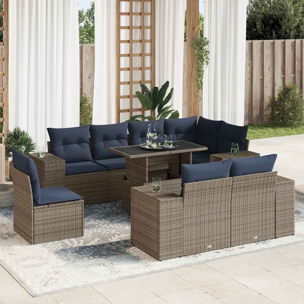 9 Piece Garden Sofa Set with Cushions Grey Poly Rattan & Acacia