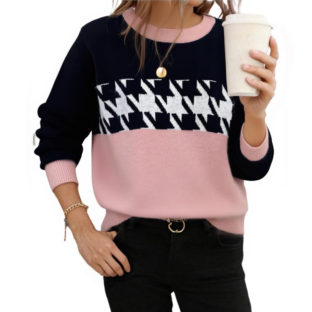 Women's Casual Round Neck Colorblock Pullover Sweater Geometric Long Sleeve Contrast Color Top