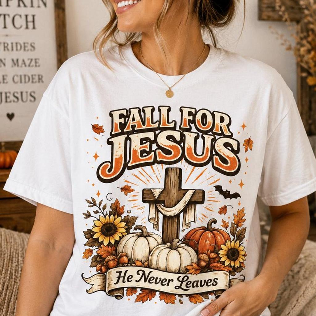 Fall For Jesus Christian Shirt, Faith Based Autumn Tee, He Never Leaves Cross Design