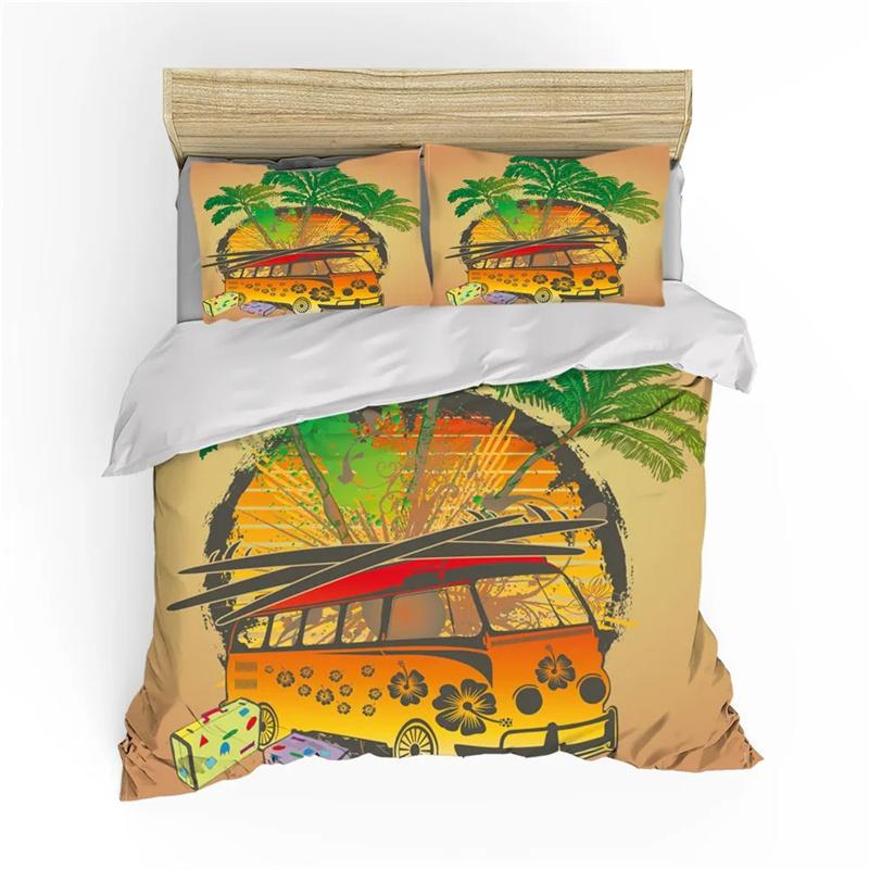 Surf Duvet Cover Hippie Classic Old Bus Surfboard Freedom Holiday Exotic Life Sketchy Art Yellow Orange Room Decor for Women Men