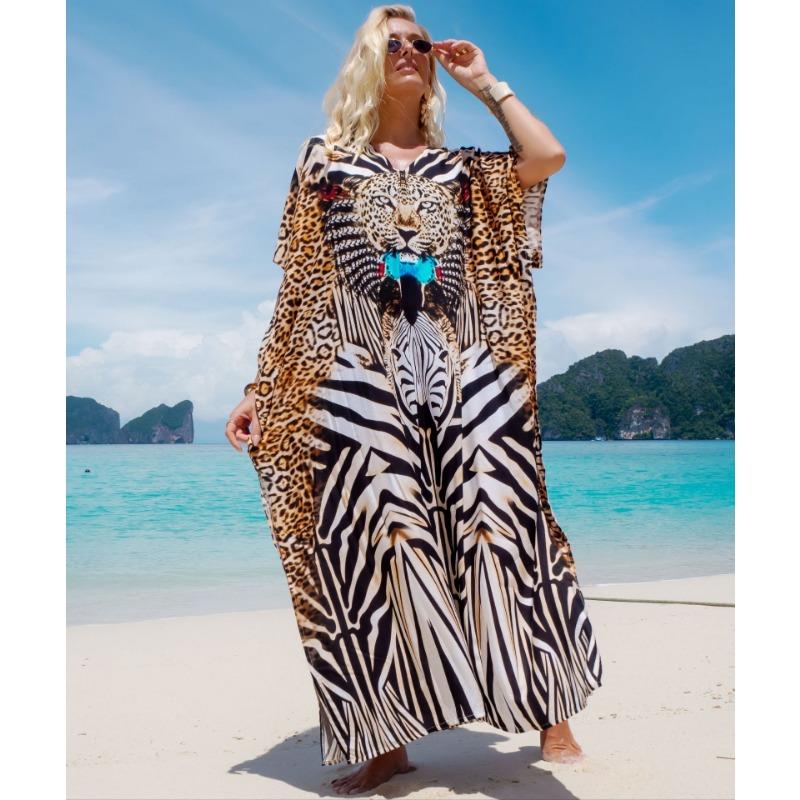 

Женская мода лето весна леопардовый принт рукава 1/2 V-образный вырез свободная талия повседневные платья Size: One Size