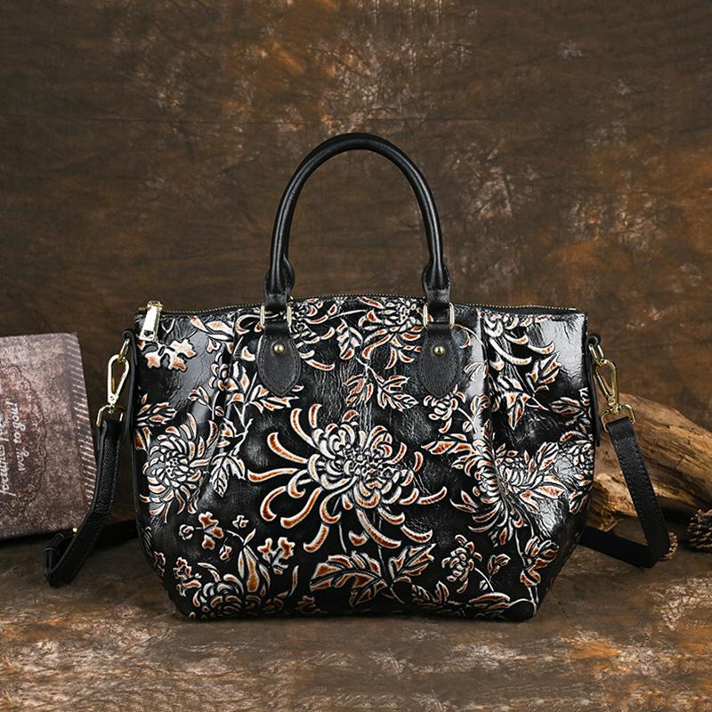 New Retro Chinese Style Handmade Genuine Leather Hand-rubbed Color and Three-dimensional Embossed Ladies' Bags