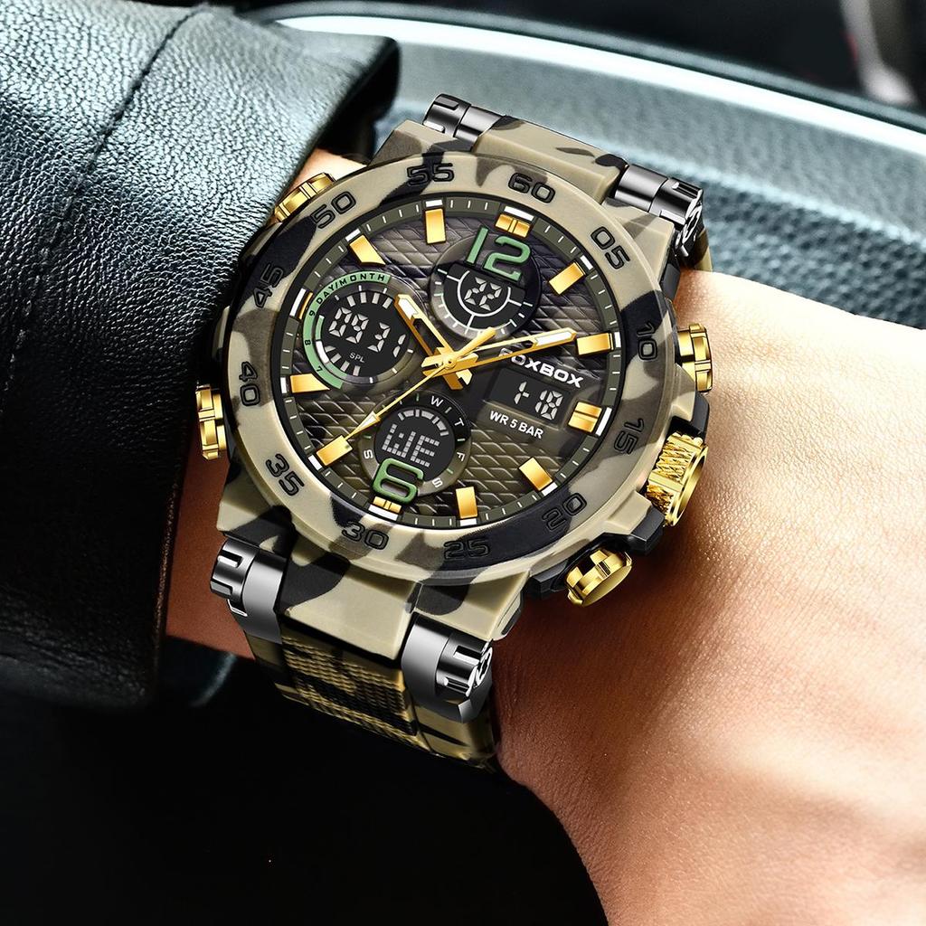 FOXBOX Orologio da Uomo Militare Mimetico Sportivo Orologio da Polso da Uomo Doppio Display Impermeabile Orologio Digitale da Uomo