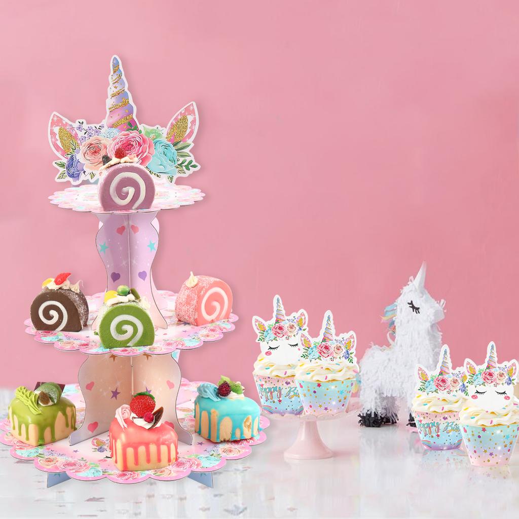3 Tier Unicorn Party Cakecup Stand Girls Kid Birthday Dessert Holder Colorful Happy Birthday Party Decoration
