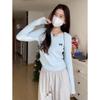 Design Embroidered Shirt Women's Top Spring Neck Waist Pleated Long Sleeve Inside Milk Blue Bottom Shirt