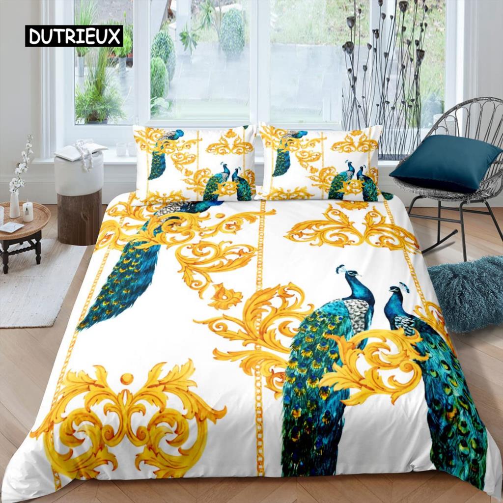 Juego de Funda Nórdica de Pavo Real Microfibra Preciosa Pluma Azul Funda de Edredón Flor Rosa Suave 2/3 Piezas Aves Tema Animal Funda de Edredón