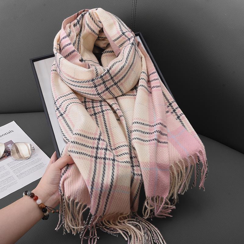 Höst Och Vinter Studentmode Randig Ram Rutig Halsduk Japansk Och Koreansk Dam Kasmir Fransad Varm Sjal Halsduk