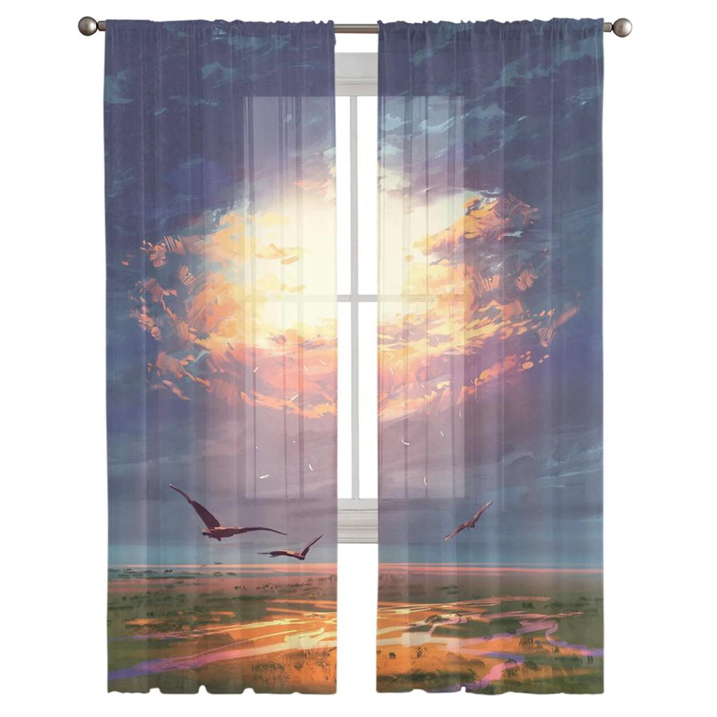 Cloud Painting Bird Sky Modern Printed Tulle Curtains for Bedroom Balcony Window Decor Creative Fashion Home Sheer Curtain