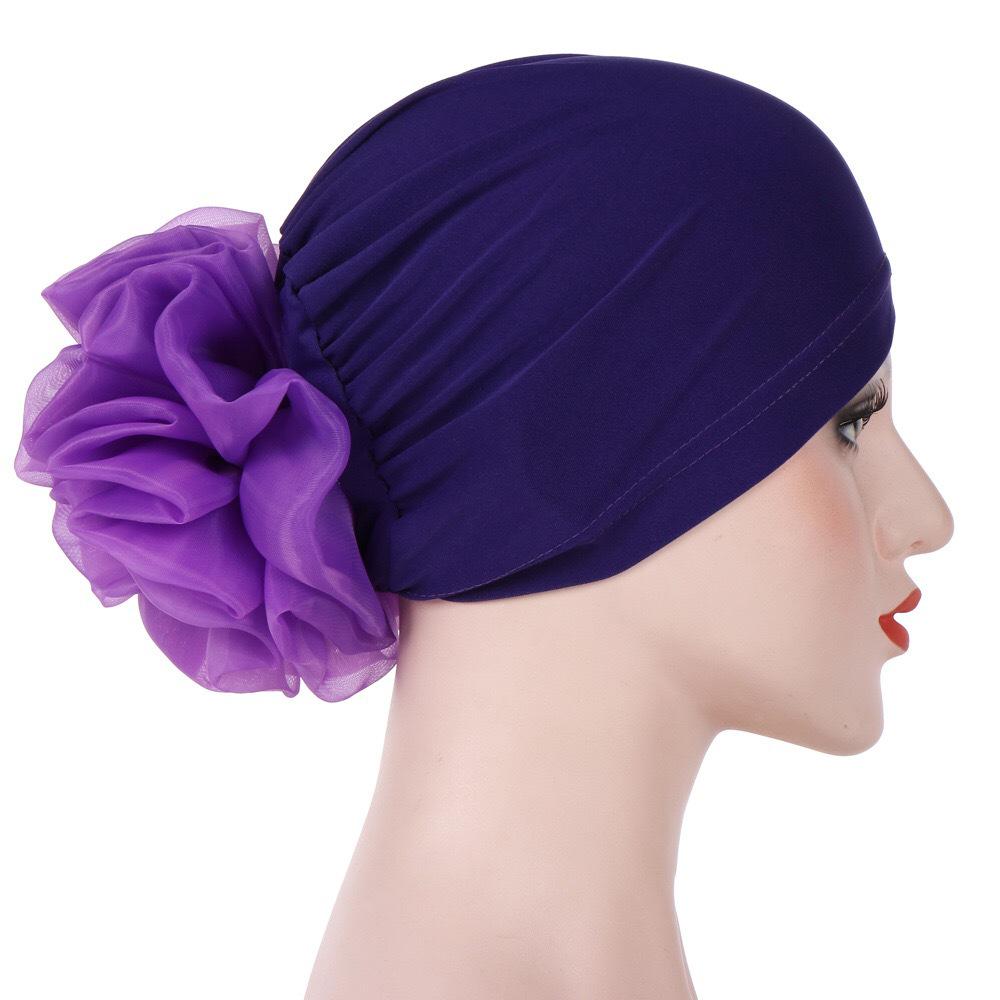 New Muslim Solid Color Milk Silk Flower Hijab Cap