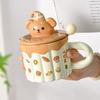 Creamy Style Cute Puppy Cup Ceramic Couple Children Mug with Lid and Spoon Girls High Value Breakfast Cup