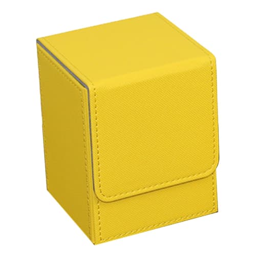 Yellow trading card deck box with sleeves, 7.3x8x10.3cm