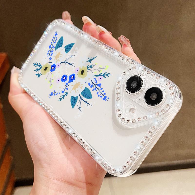 Luxury Floral Pattern Clear Shockproof Case For iPhone 16 Pro Max 16E 15 14 Pro 13 12 11 Diamond Frame Anti-Fall Soft Silicone Phone Cover