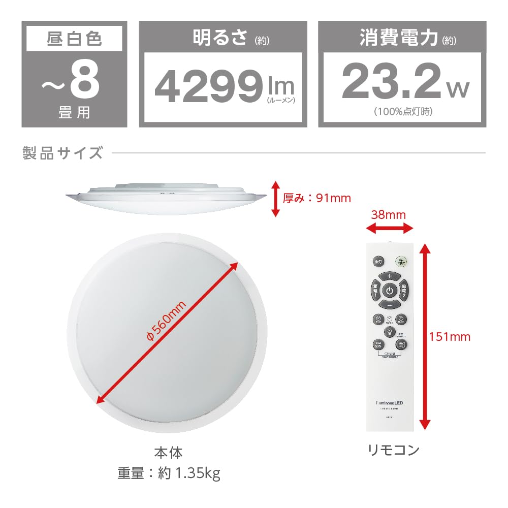Doshisha Lumina Save Energy-Saving LED Ceiling Light, 8-Tatami (12-14 sq ft) Capacity, 4299 lumens, Energy-Saving Mode, 11 Dimming Levels, 2