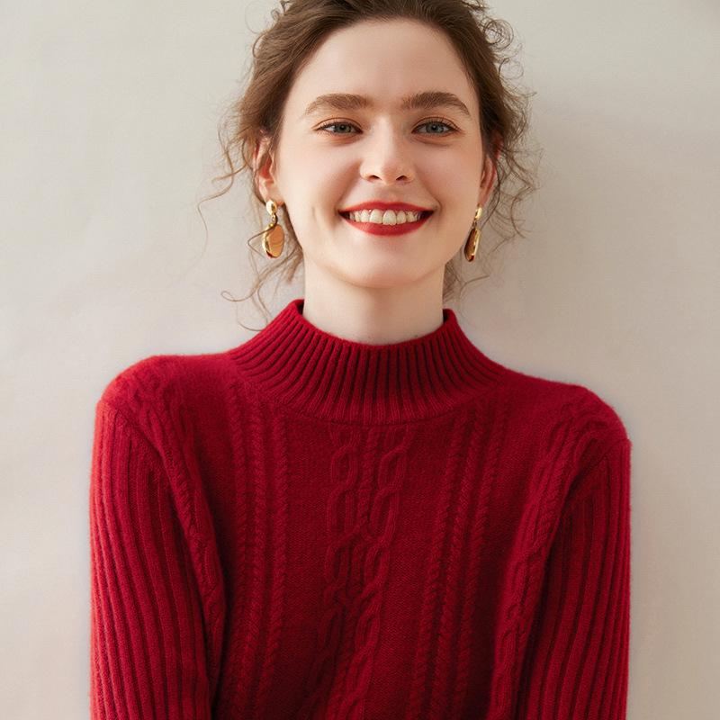 2024 Autumn/Winter Women's Retro Cable Knit Half-High Neck Cashmere Loose Pullover Sweater - Simple Solid Color Base Layer