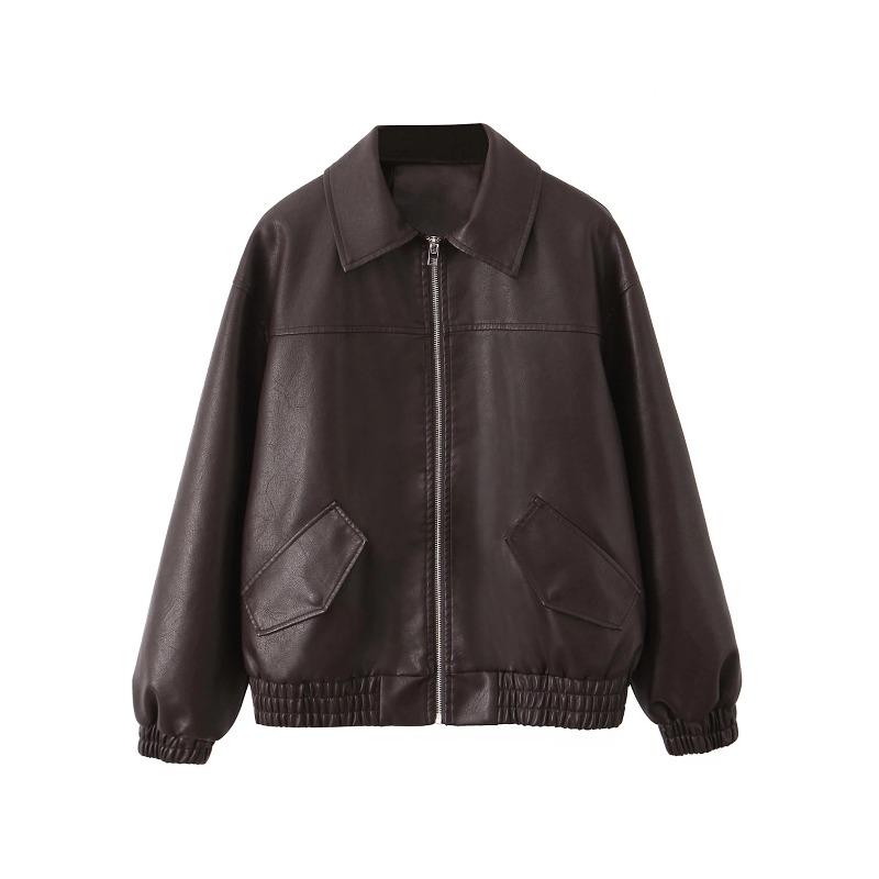 Ailegogo Streetwear Donna Retro Larga Corta PU Pelle Sintetica Giacca Primavera Autunno Donna Zip Cappotto Vintage Moto Biker Capospalla