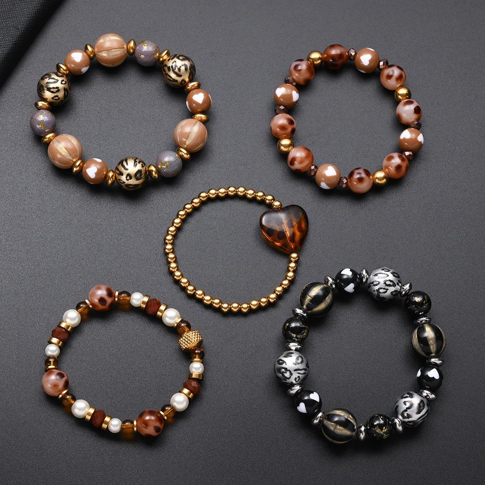 Hot Sale Amber Leopard Print Bead Stretch Bracelet Stainless Steel Waterproof Non-Fading Bracelet