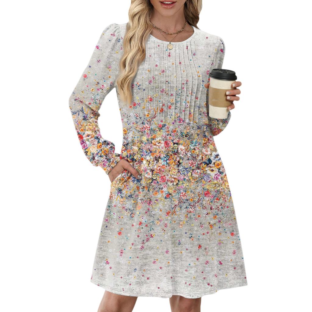 Women's Long Sleeve Pleated Round Neck Floral Print Casual Dress With Pockets