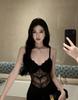 Women's Black Lace Patchwork Spaghetti Strap Sexy Bodycon Slit Evening Dress with Breast Pads